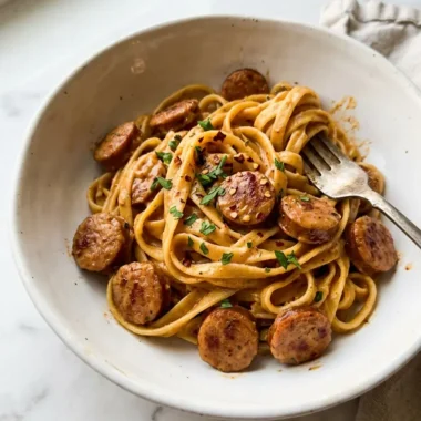 Creamy cajun sausage pasta with fettuccine noodles and browned sausage pieces coated in rich sauce