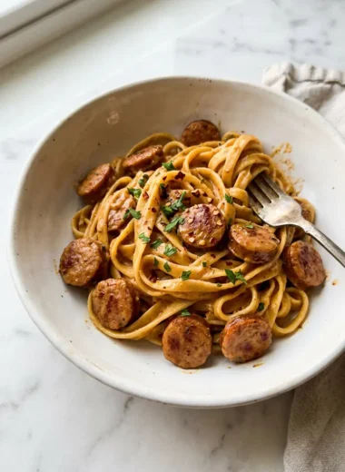Creamy cajun sausage pasta with fettuccine noodles and browned sausage pieces coated in rich sauce