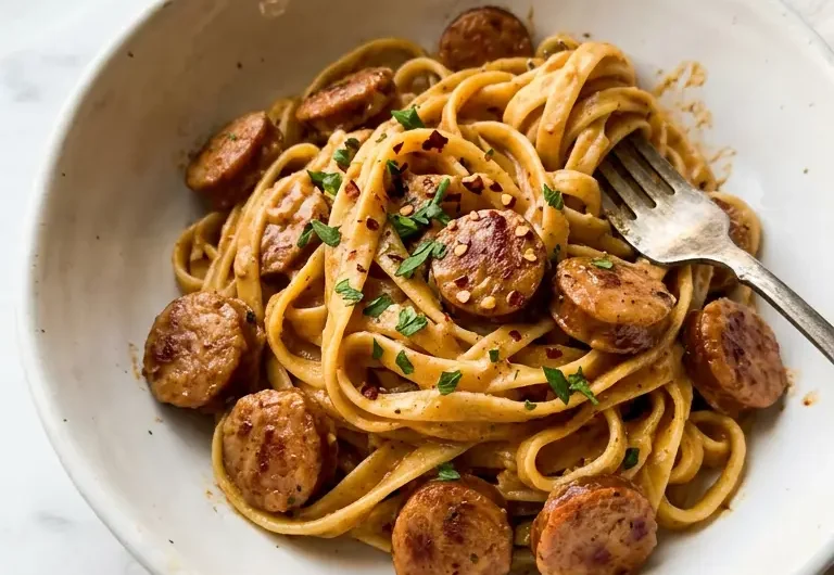 Creamy cajun sausage pasta with fettuccine noodles and browned sausage pieces coated in rich sauce