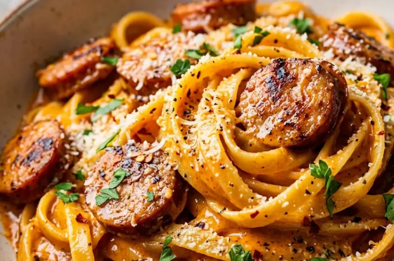 Pinterest pin for one pot creamy cajun sausage pasta recipe