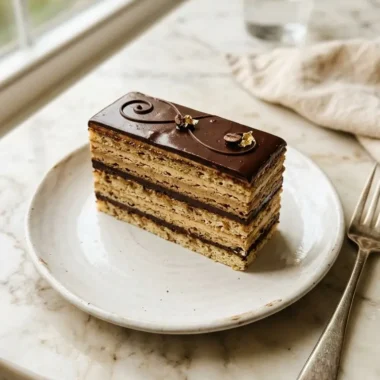 Slice of Opera Cake showing layered almond sponge, coffee buttercream and chocolate ganache on a white plate