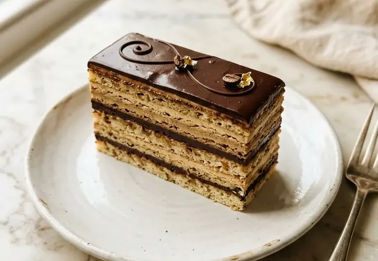 Slice of Opera Cake showing layered almond sponge, coffee buttercream and chocolate ganache on a white plate