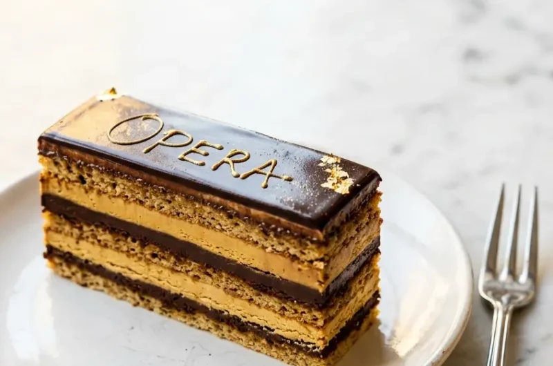 Pinterest pin image for Opera Cake recipe showing layered slice with coffee buttercream and chocolate ganache