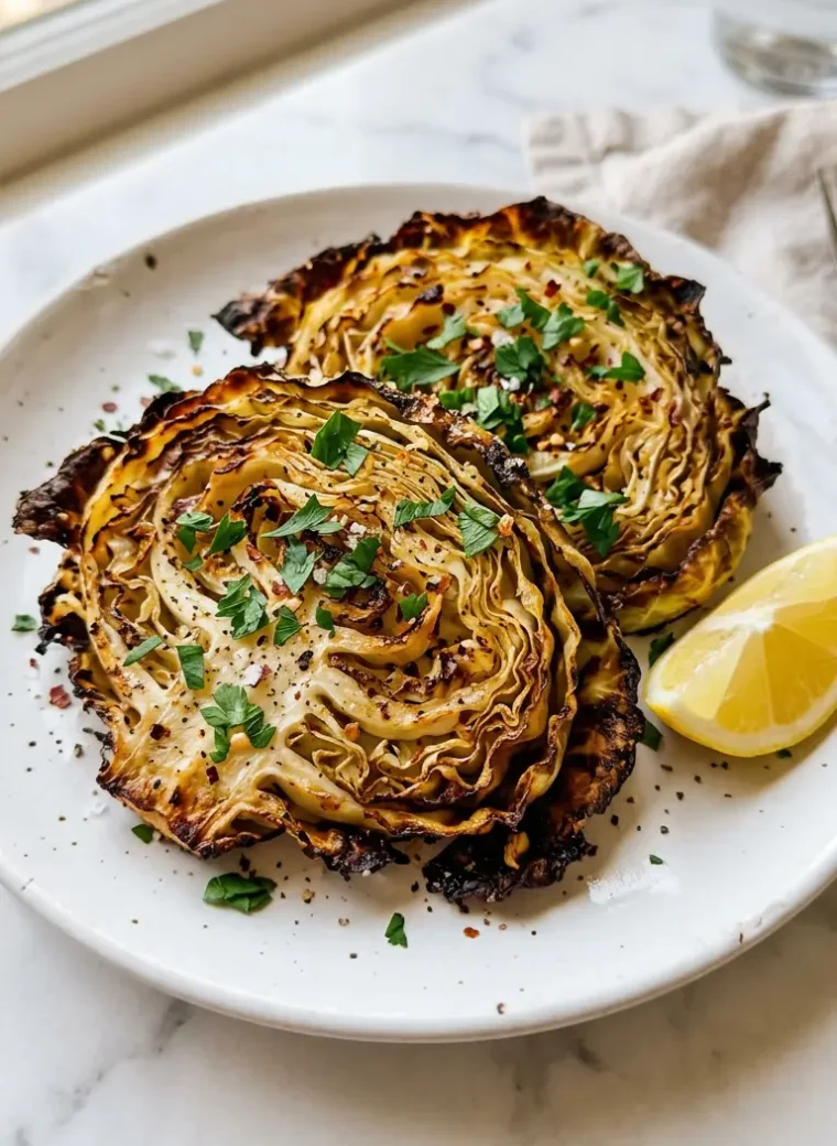 Oven roasted garlic cabbage steaks with crispy golden edges on a white ceramic plate