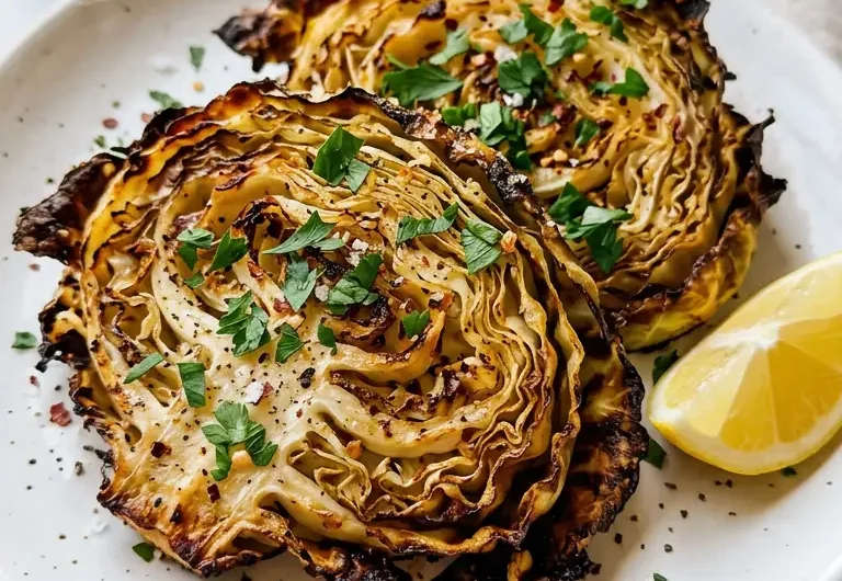 Oven roasted garlic cabbage steaks with crispy golden edges on a white ceramic plate