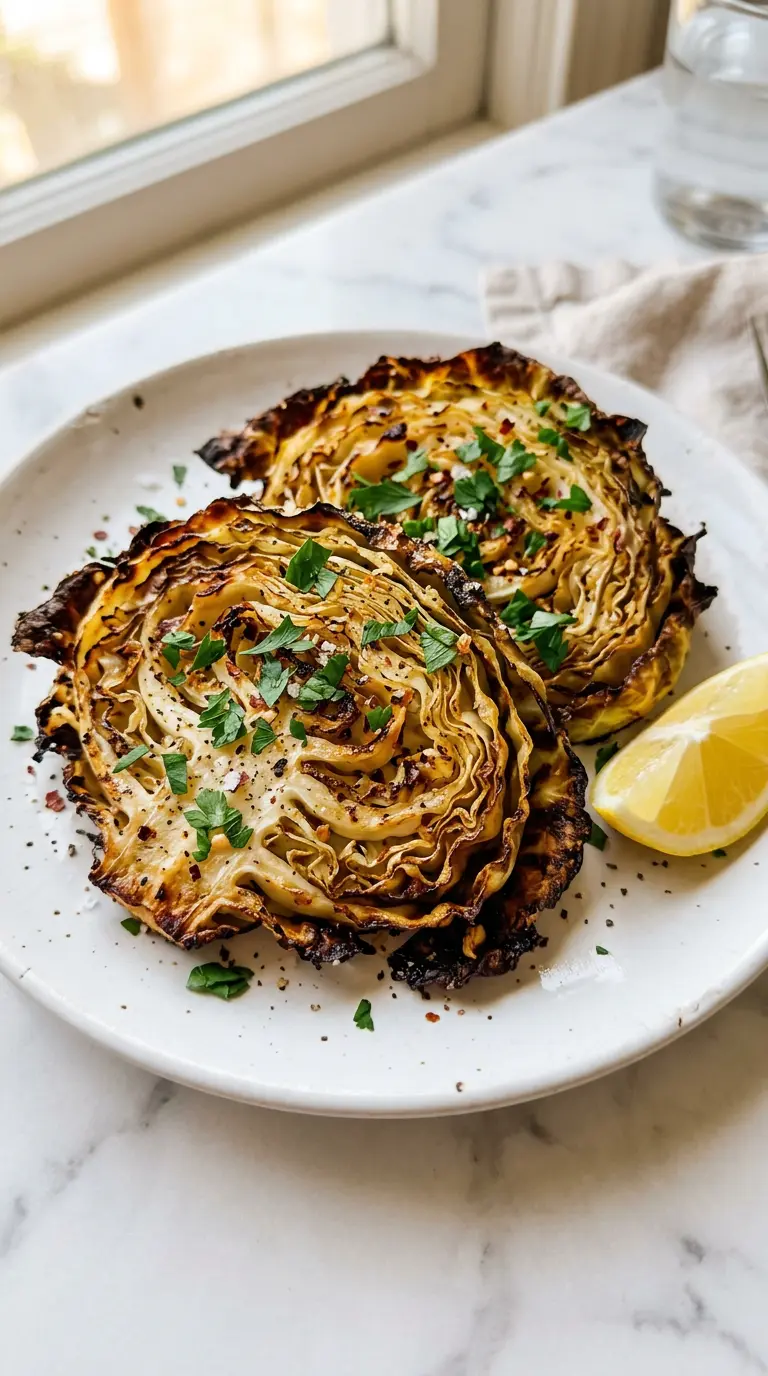 Oven roasted garlic cabbage steaks with crispy golden edges on a white ceramic plate