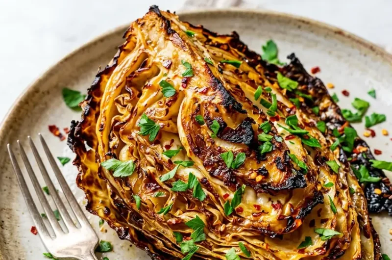 Pinterest pin image for oven roasted garlic cabbage steaks recipe