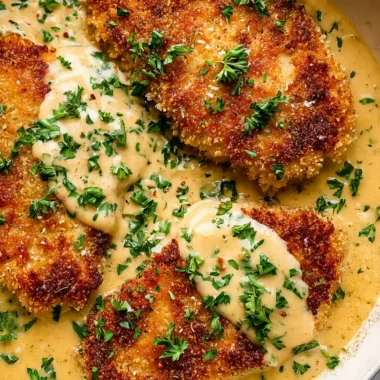 Close-up of parmesan crusted chicken cutlets in a skillet with creamy golden garlic Parmesan sauce and fresh parsley.