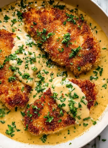 Close-up of parmesan crusted chicken cutlets in a skillet with creamy golden garlic Parmesan sauce and fresh parsley.