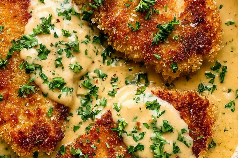 Close-up of parmesan crusted chicken cutlets in a skillet with creamy golden garlic Parmesan sauce and fresh parsley.