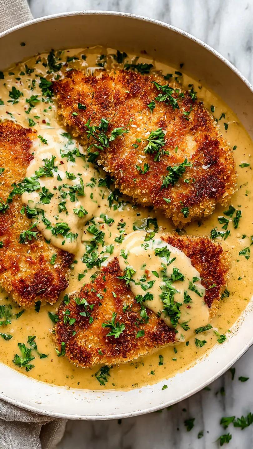 Close-up of parmesan crusted chicken cutlets in a skillet with creamy golden garlic Parmesan sauce and fresh parsley.