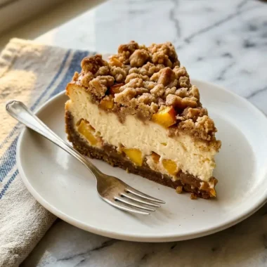 Slice of homemade peach cobbler cheesecake with golden crumbly topping and creamy filling