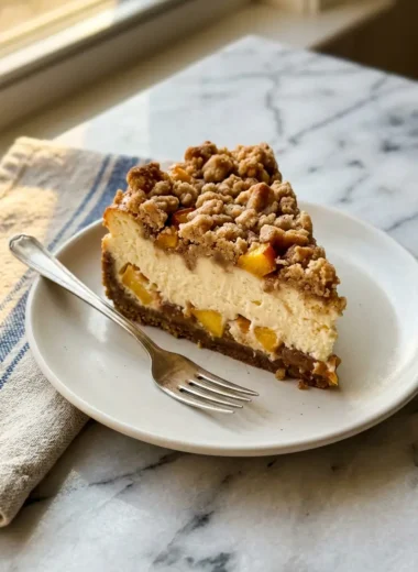 Slice of homemade peach cobbler cheesecake with golden crumbly topping and creamy filling