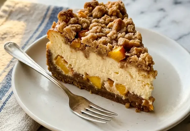 Slice of homemade peach cobbler cheesecake with golden crumbly topping and creamy filling