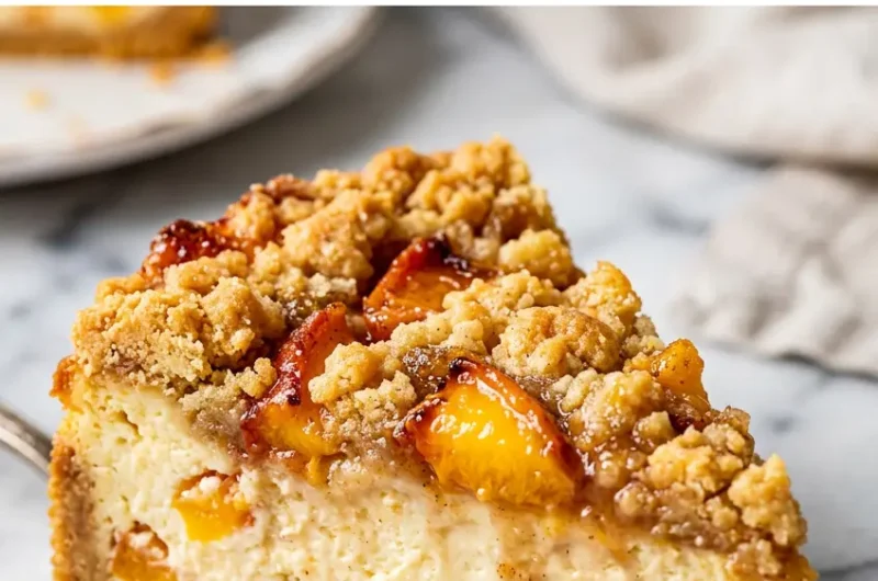 Pinterest pin for easy peach cobbler cheesecake recipe