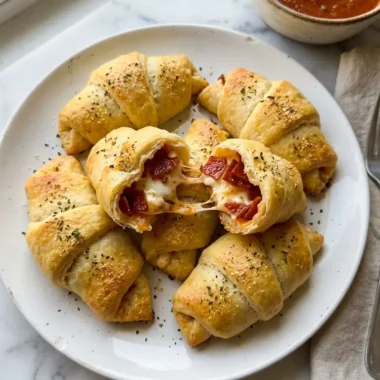 Golden pepperoni cream cheese crescent rolls on a white ceramic plate with marinara dipping sauce