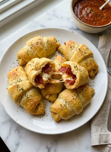 Golden pepperoni cream cheese crescent rolls on a white ceramic plate with marinara dipping sauce