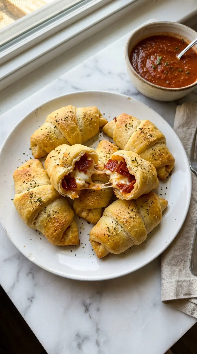 Golden pepperoni cream cheese crescent rolls on a white ceramic plate with marinara dipping sauce