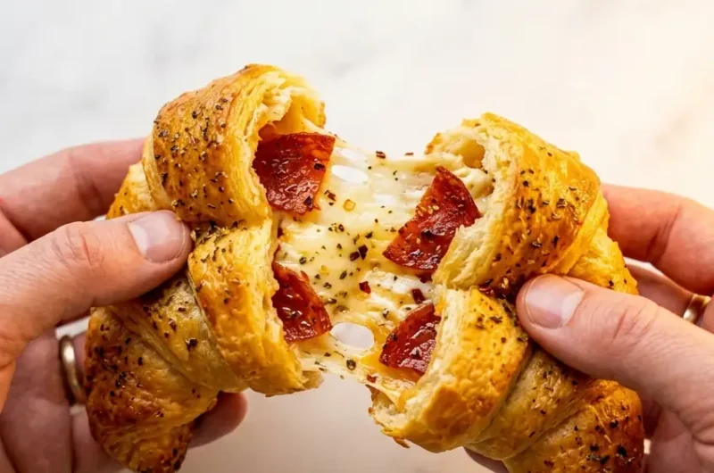 Pinterest pin image for pepperoni cream cheese crescent rolls pulled apart showing melty cream cheese filling