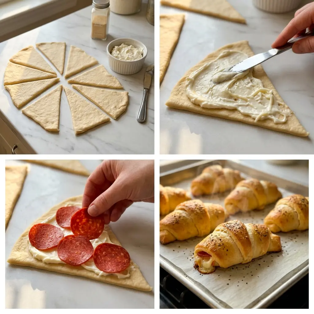 4-step cooking process collage for pepperoni cream cheese crescent rolls showing prep, spreading filling, adding pepperoni, and baked golden rolls