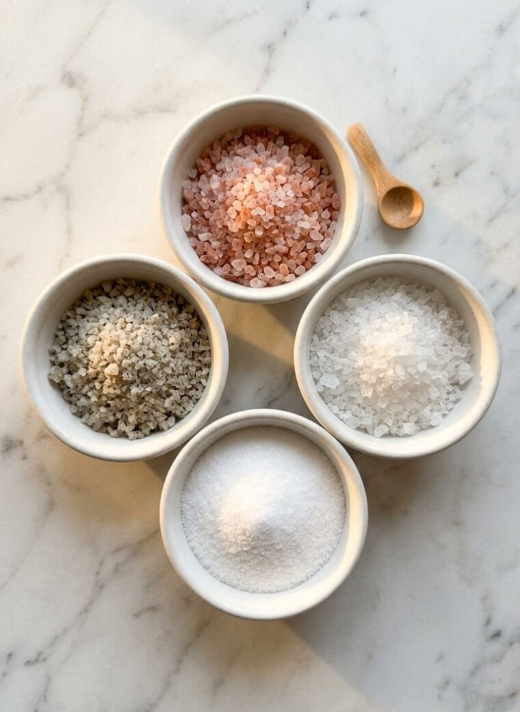 Four types of salt in white bowls showing pink salt vs sea salt vs table salt comparison