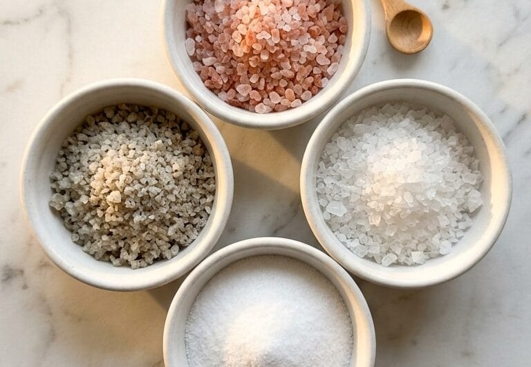 Four types of salt in white bowls showing pink salt vs sea salt vs table salt comparison