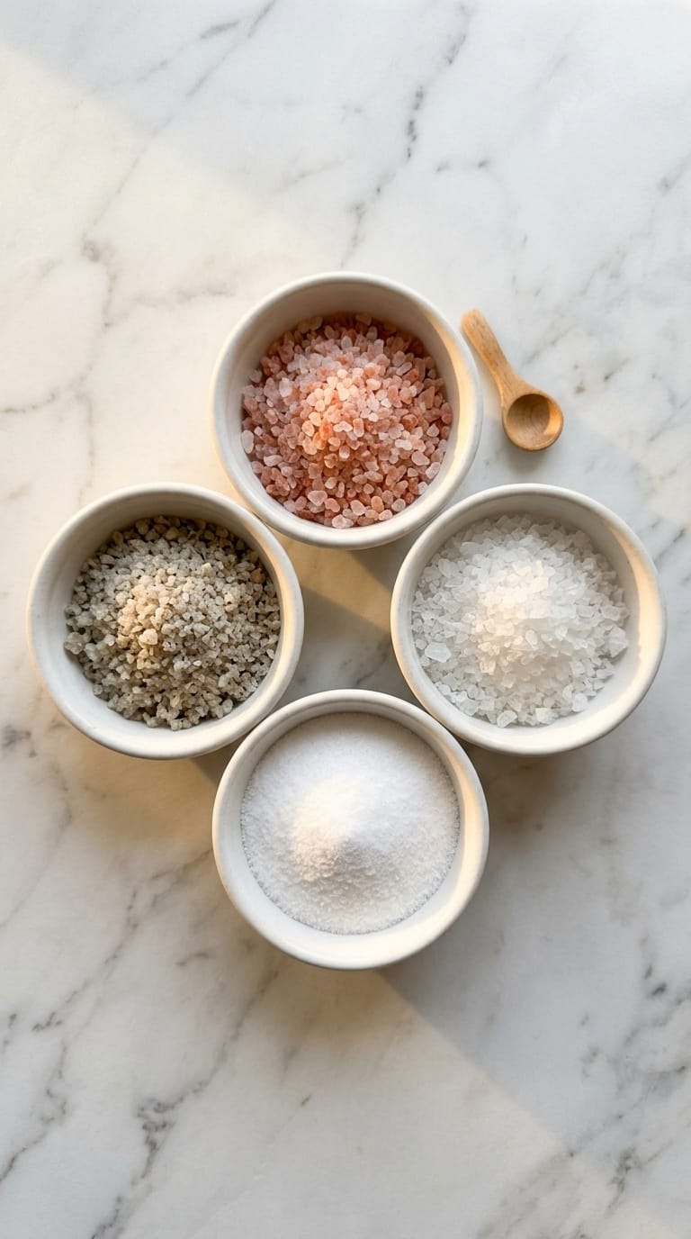 Four types of salt in white bowls showing pink salt vs sea salt vs table salt comparison