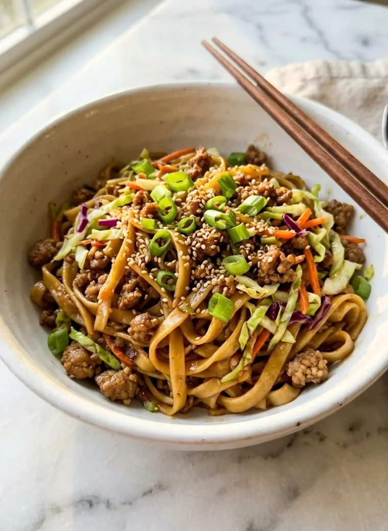 Close-up of a potsticker noodle bowl with Lo Mein noodles, ground pork, cabbage slaw, and savory soy-mirin sauce.