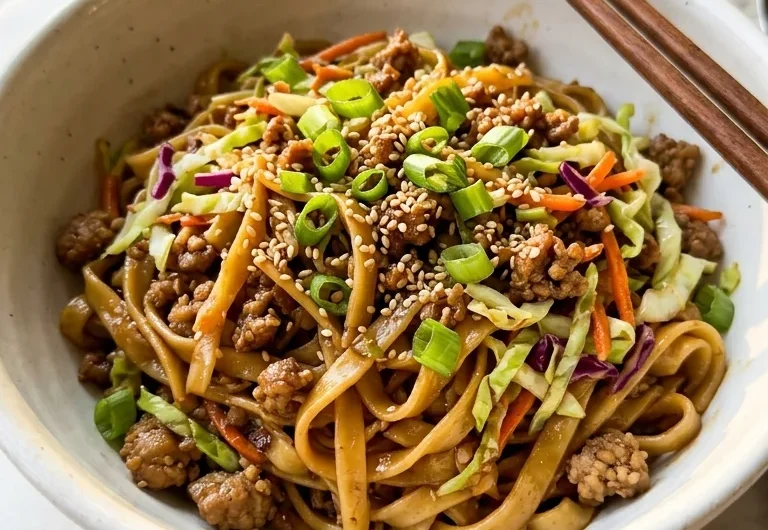 Close-up of a potsticker noodle bowl with Lo Mein noodles, ground pork, cabbage slaw, and savory soy-mirin sauce.