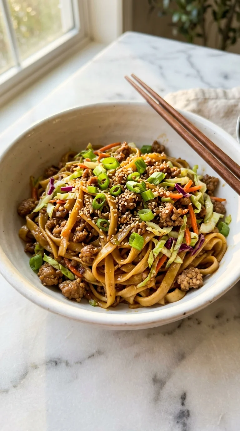 Close-up of a potsticker noodle bowl with Lo Mein noodles, ground pork, cabbage slaw, and savory soy-mirin sauce.