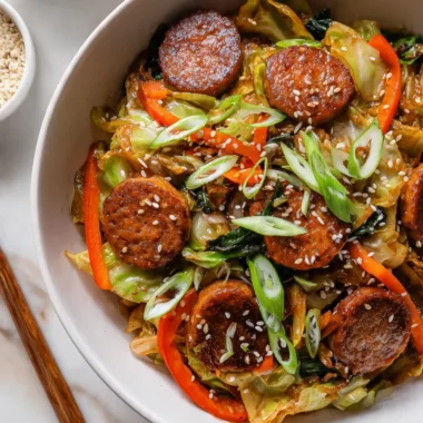 Close-up of sausage and cabbage stir fry in a white bowl with crispy sausage rounds, tender cabbage, and sesame seeds.