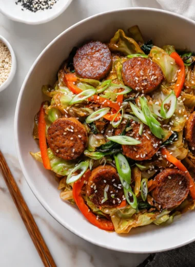 Close-up of sausage and cabbage stir fry in a white bowl with crispy sausage rounds, tender cabbage, and sesame seeds.