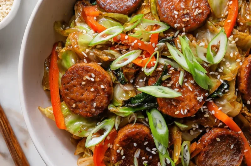Close-up of sausage and cabbage stir fry in a white bowl with crispy sausage rounds, tender cabbage, and sesame seeds.