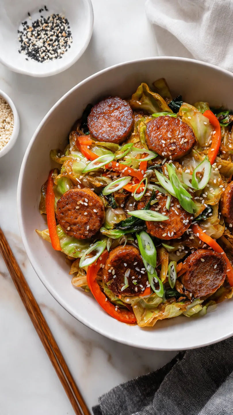 Close-up of sausage and cabbage stir fry in a white bowl with crispy sausage rounds, tender cabbage, and sesame seeds.