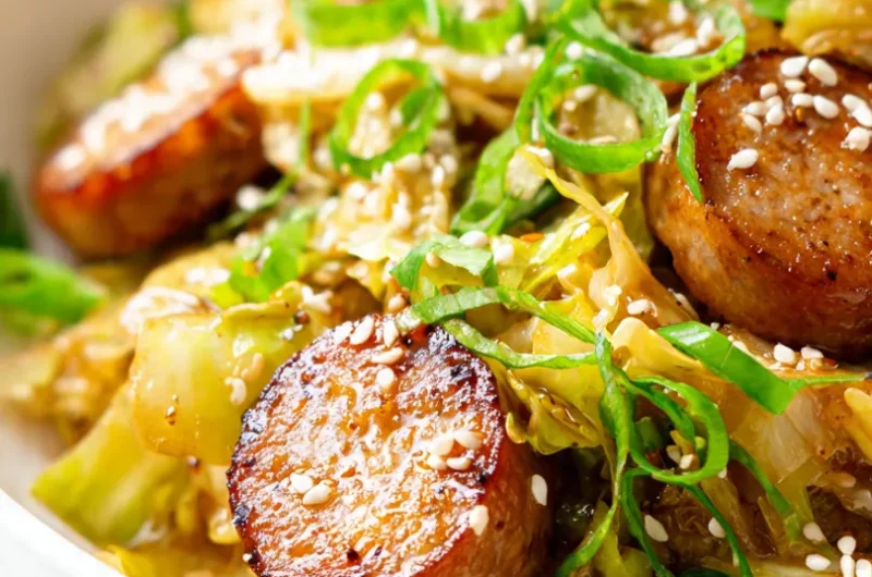 Extreme close-up vertical shot of sausage and cabbage stir fry with crispy sausage rounds, cabbage, and sesame soy sauce.