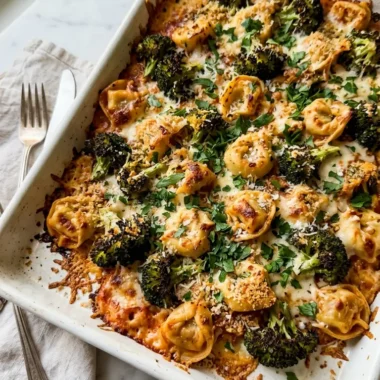 Sheet pan broccoli tortellini bake with crispy golden Parmesan and caramelized broccoli florets