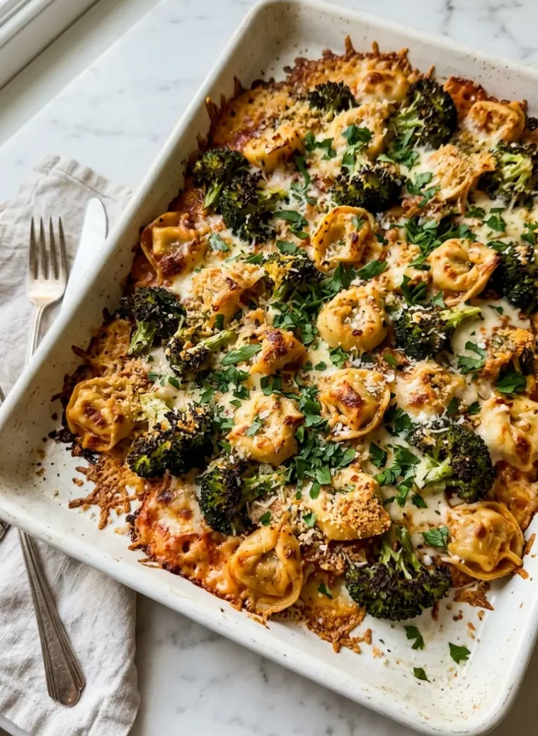 Sheet pan broccoli tortellini bake with crispy golden Parmesan and caramelized broccoli florets