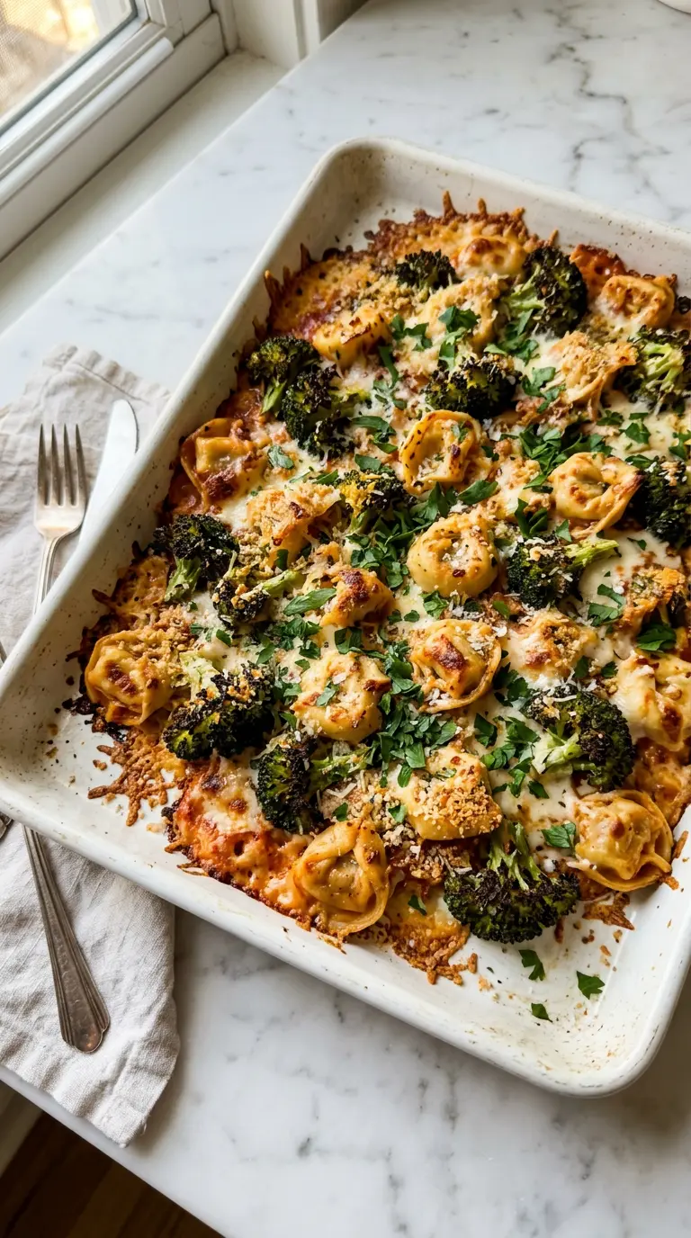 Sheet pan broccoli tortellini bake with crispy golden Parmesan and caramelized broccoli florets