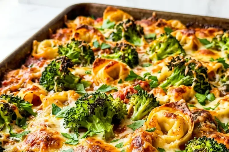 Pinterest pin image for sheet pan broccoli tortellini bake with golden Parmesan and roasted broccoli