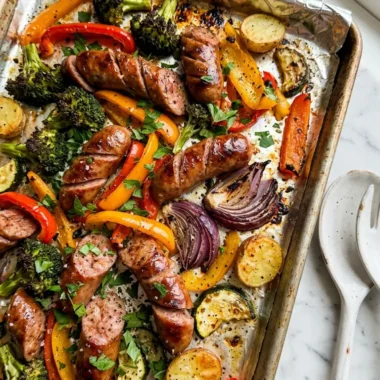 Sheet pan sausage and veggies with roasted bell peppers, broccoli, and baby potatoes on a foil-lined baking sheet