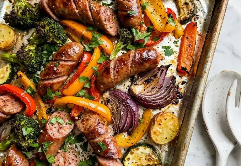 Sheet pan sausage and veggies with roasted bell peppers, broccoli, and baby potatoes on a foil-lined baking sheet