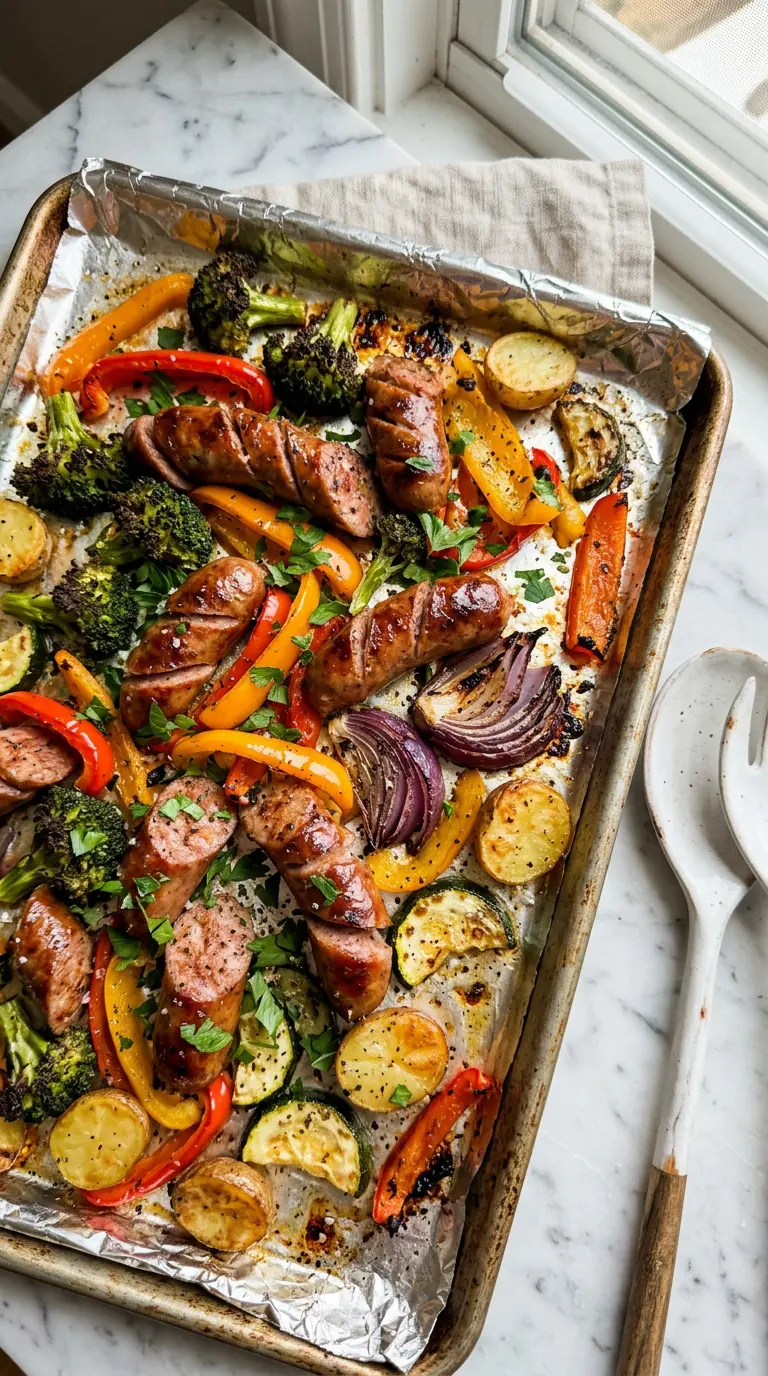 Sheet pan sausage and veggies with roasted bell peppers, broccoli, and baby potatoes on a foil-lined baking sheet