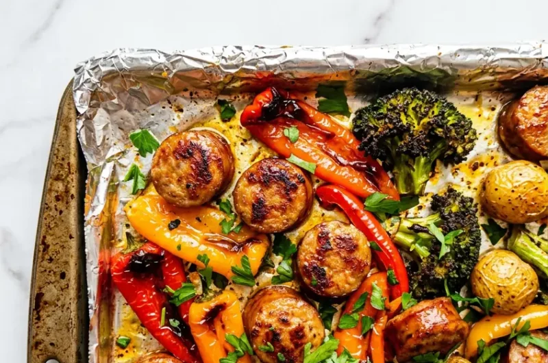 Pinterest pin image for sheet pan sausage and veggies recipe