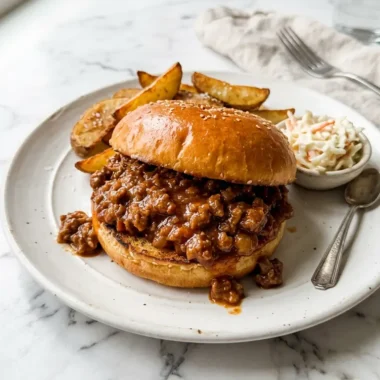 Homemade sloppy joes recipe served on a toasted brioche bun on a white plate