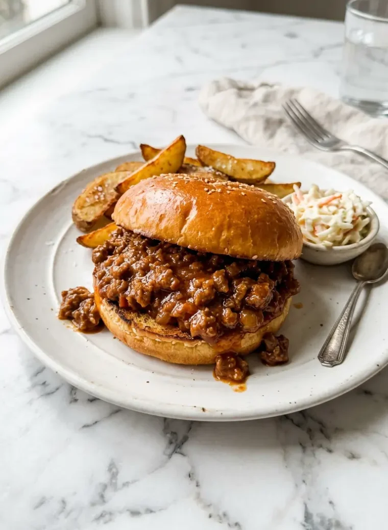 Homemade sloppy joes recipe served on a toasted brioche bun on a white plate