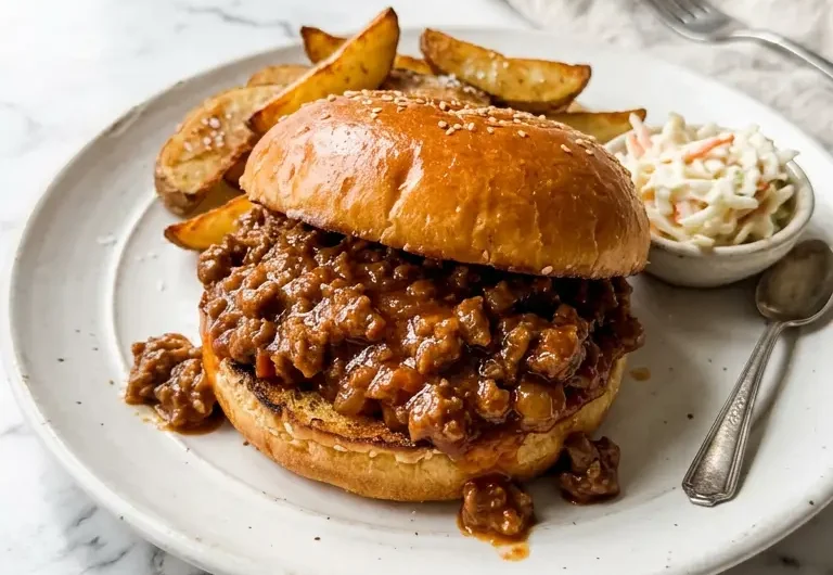 Homemade sloppy joes recipe served on a toasted brioche bun on a white plate