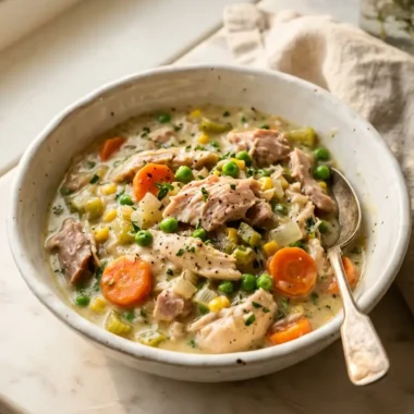 Creamy slow cooker chicken pot pie filling with chicken and vegetables in buttery sauce