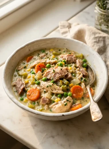 Creamy slow cooker chicken pot pie filling with chicken and vegetables in buttery sauce