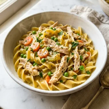 Close-up of creamy slow cooker chicken pot pie pasta with tender chicken and vegetables