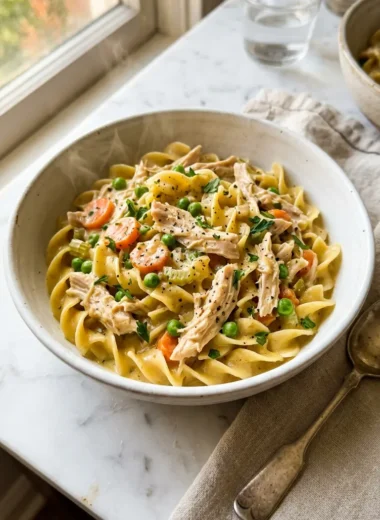 Close-up of creamy slow cooker chicken pot pie pasta with tender chicken and vegetables